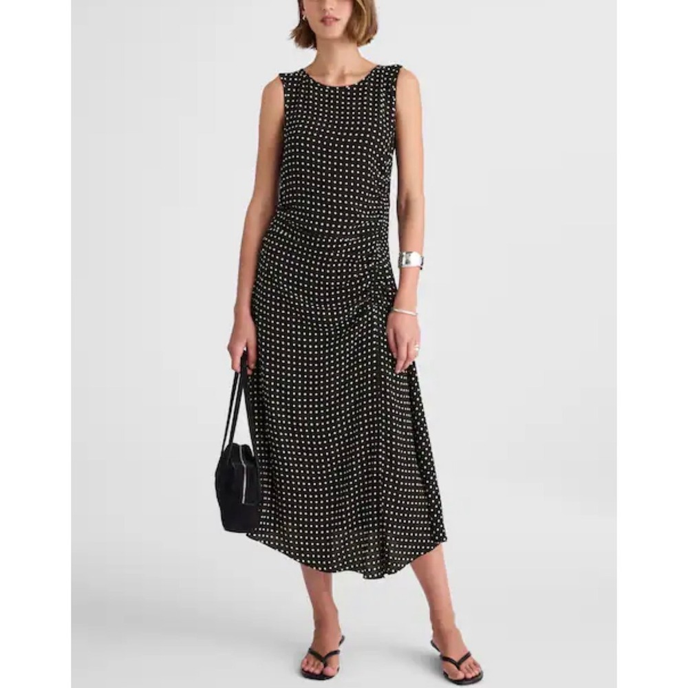 Madewell Womens Black Asymmetrical Ruched Sleeveless Polka Dot Midi Dress 4 NWOT